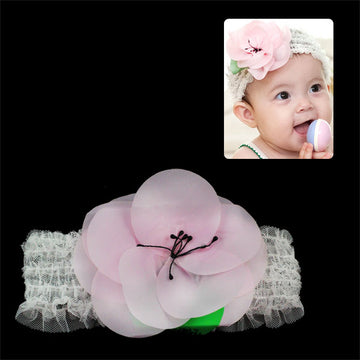 Babys White Wide Stretch Headband with Pink Flower